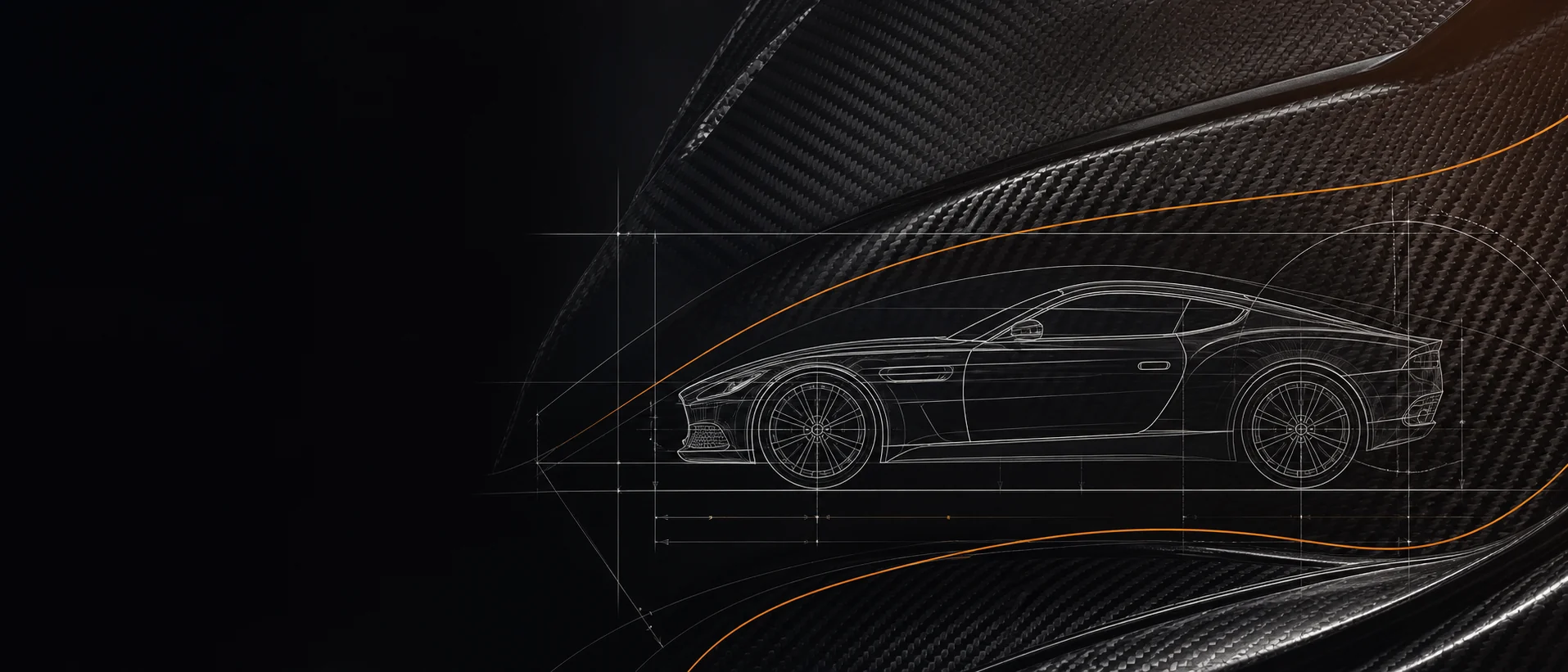 Carbon-fiber surface with a technical sports-car drawing