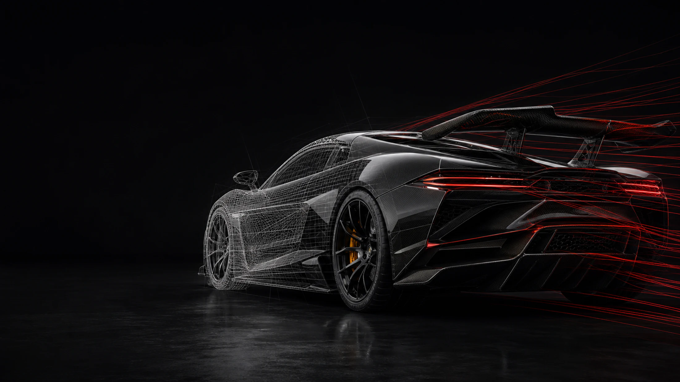 Hypercar transitioning from a digital wireframe into a finished carbon-fiber body